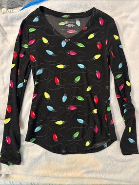 Black V-Neck Long Sleeve Top with Multicolor Light Bulb Print